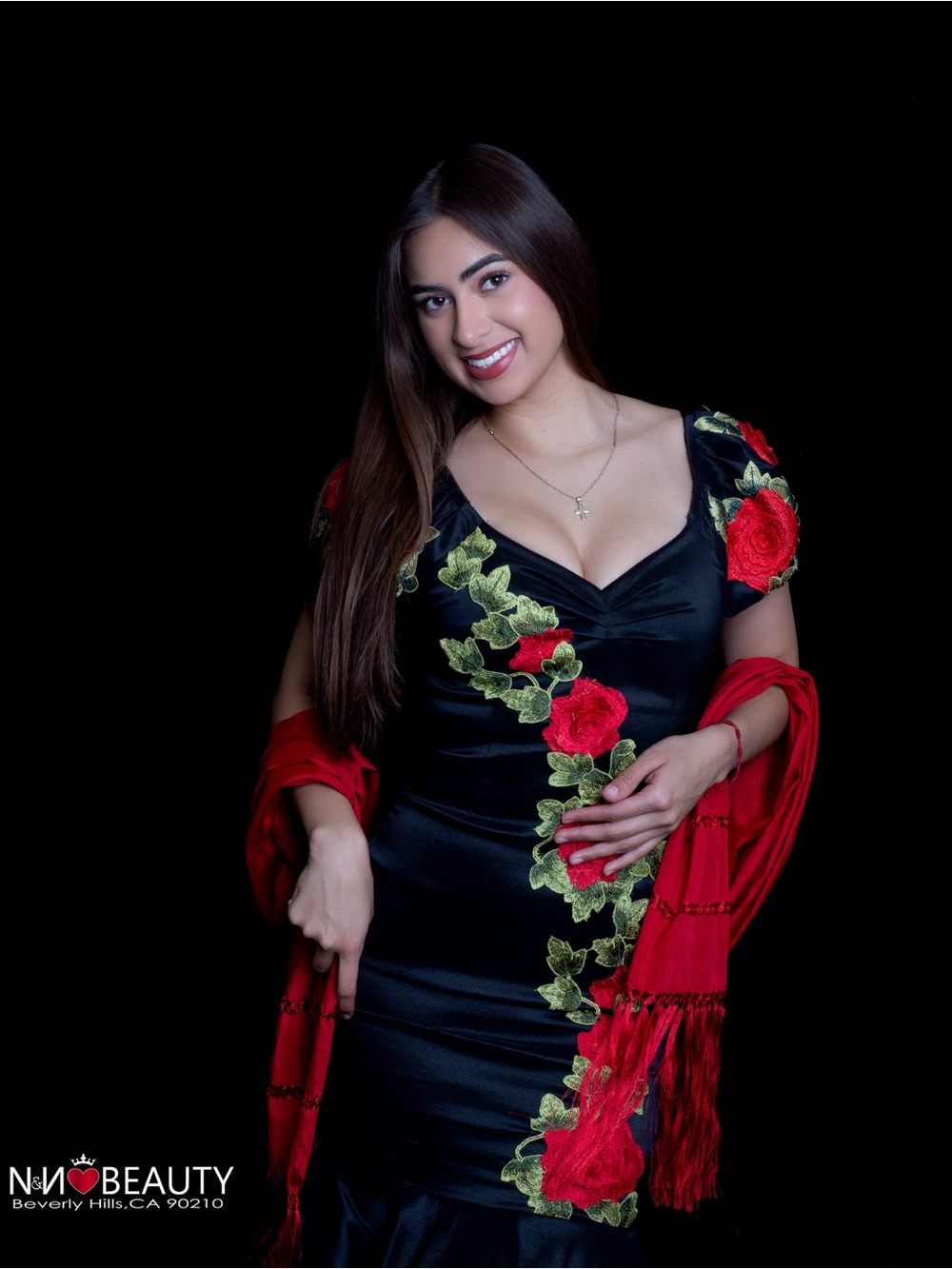 Black Satin Mermaid Dress with Red Rose Embroidery and Red Shawl - Picture 9 of 11